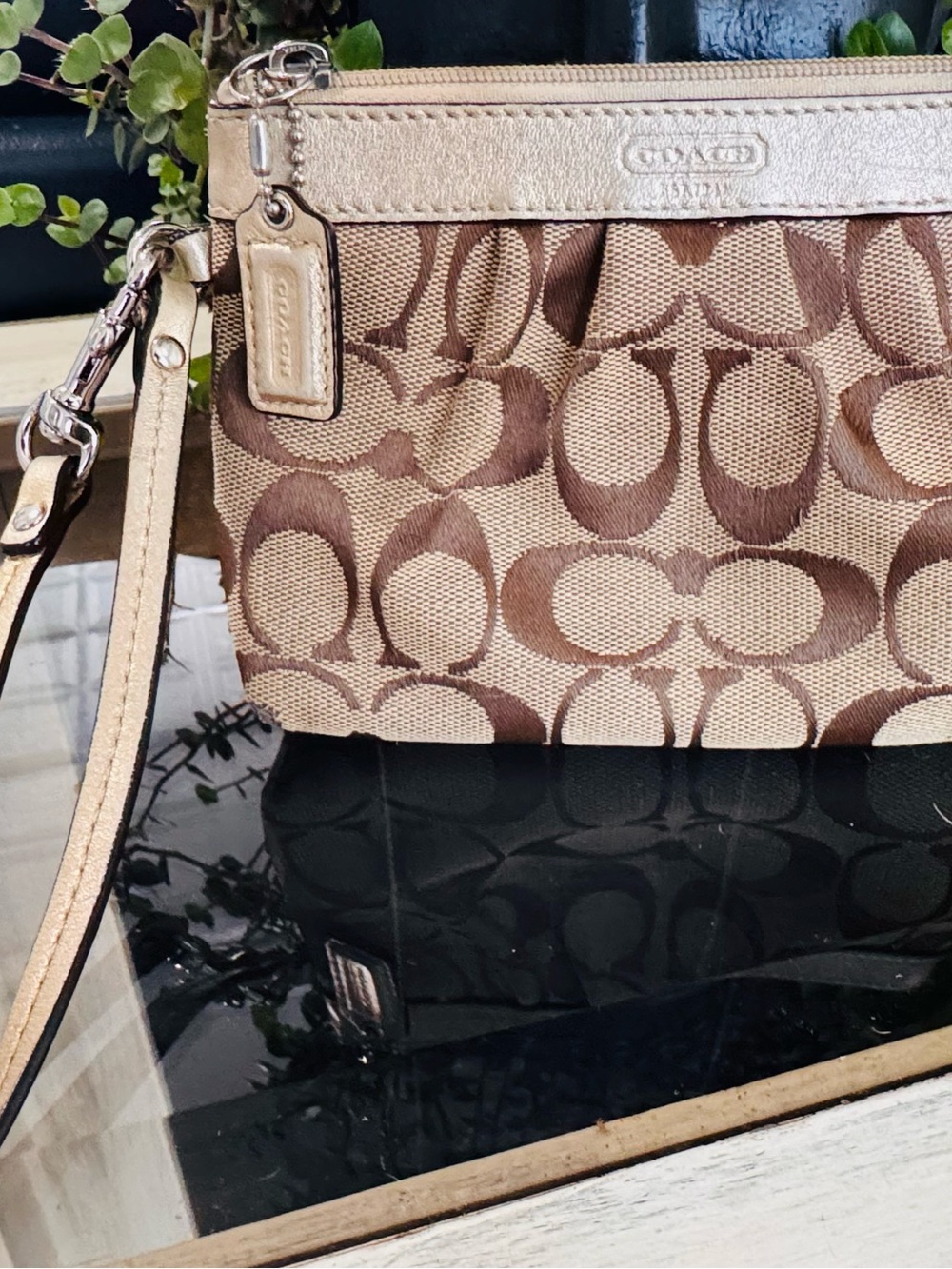 Coach Beige and Brown Signature Wristlet Clutch